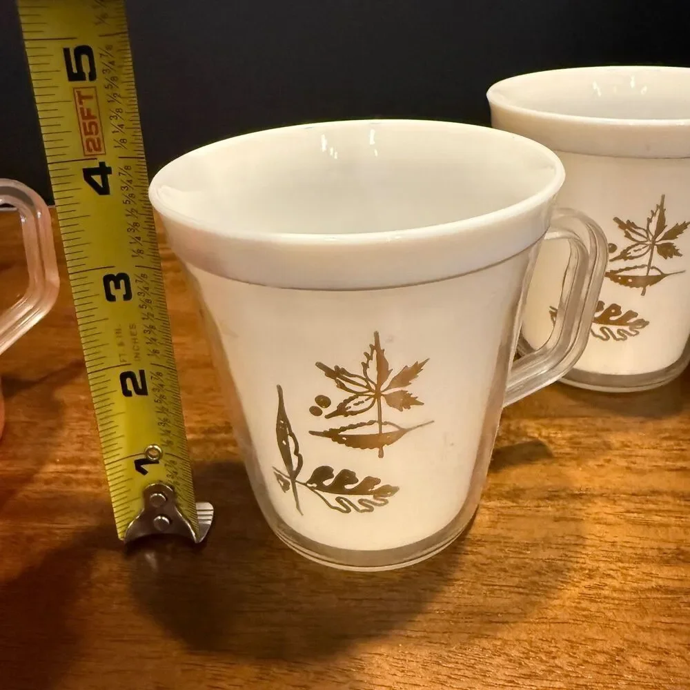 Set of 6 Vtg Insulated Plastic Mugs Double Wall Gold Leaf Print MCM